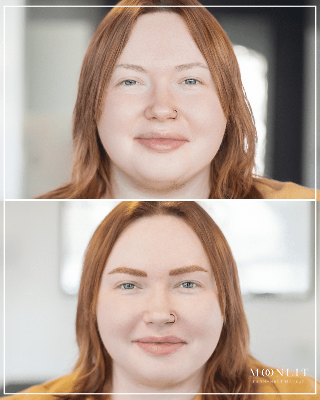 Before and after brow masculinization on trans man showing fuller, straighter PMU brows enhancing facial structure and masculine features, natural healed results, gender affirming PMU in Salt Lake City, Utah