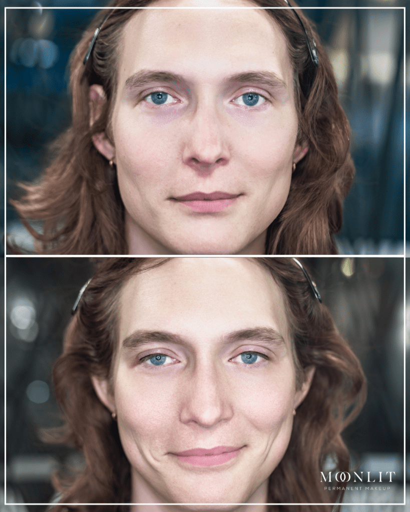 Before and after eyeliner feminization on trans woman showing soft defined upper lash line enhancing eye shape and femininity, natural permanent eyeliner results, gender affirming PMU in Salt Lake City, Utah