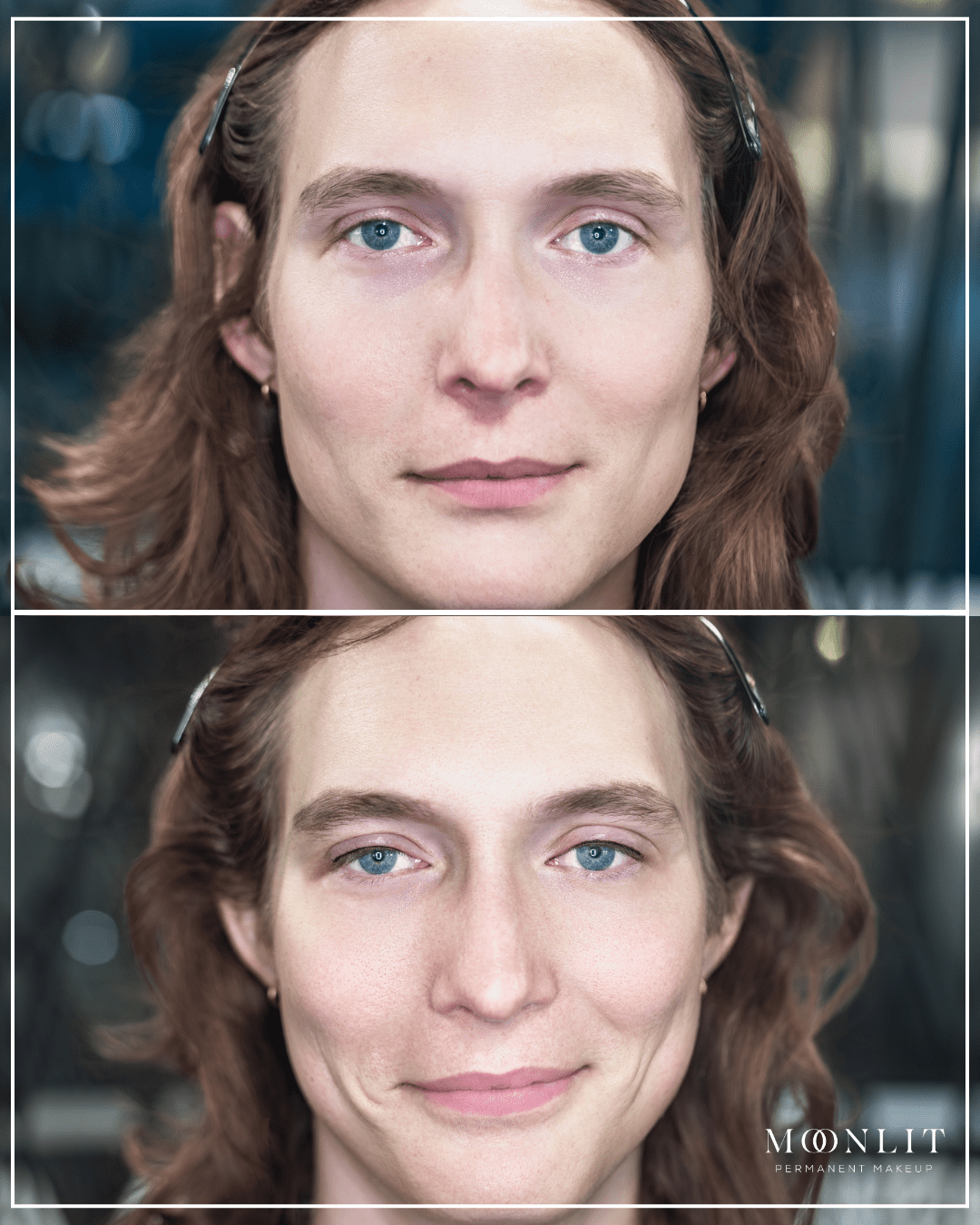 Before and after eyeliner feminization on trans woman showing soft defined upper lash line enhancing eye shape and femininity, natural permanent eyeliner results, gender affirming PMU in Salt Lake City, Utah