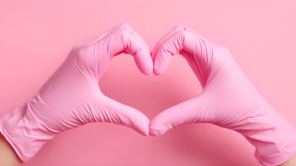 Pink gloved hands forming heart symbol representing inclusive gender affirming permanent makeup care and supportive cosmetic tattooing services across the United States