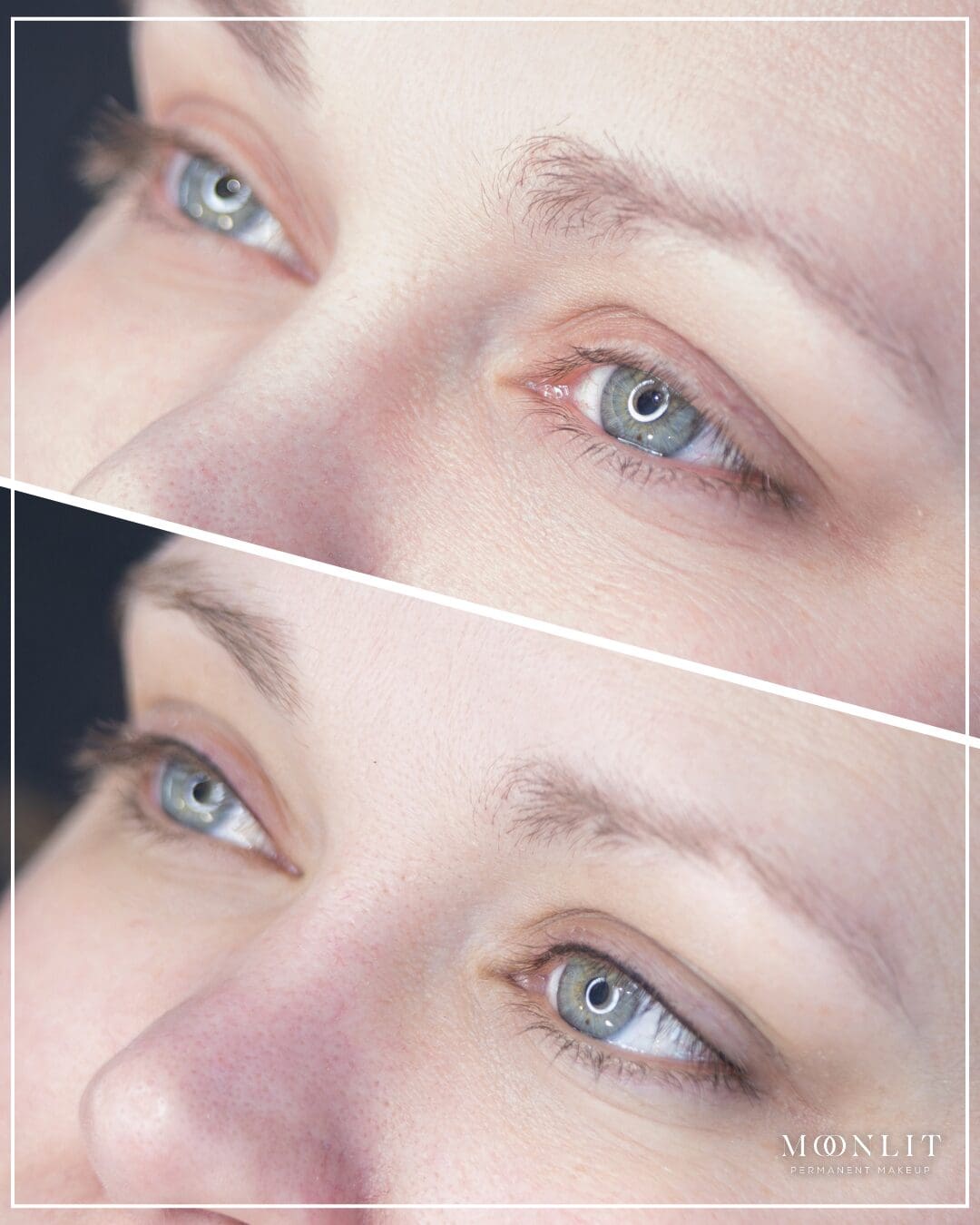 Before and after natural permanent eyeliner showing subtle lash enhancement tattoo improving eye definition and symmetry, professional PMU results by Salt Lake City Utah PMU artist