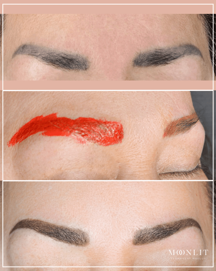 Blue-gray eyebrow tattoo correction process showing before faded cool-toned brows, orange pigment neutralization applied, and healed warm brown results by PMU artist, Salt Lake City, Utah