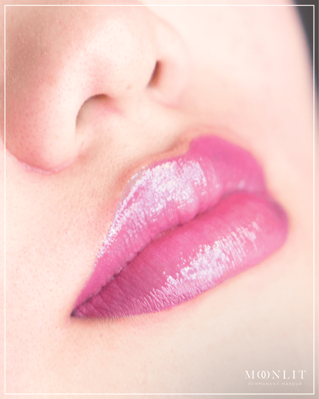 Bright pink lip blush tattoo enhancing lip color and shine, smooth hydrated lips with defined shape by Salt Lake City PMU artist, glossy healed lip blush results, luxury permanent makeup in Salt Lake City Utah