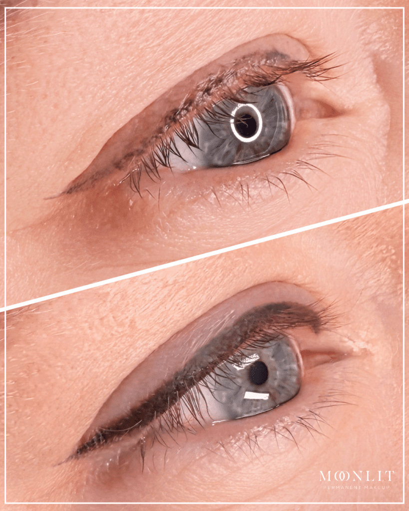 Permanent eyeliner before and after showing healed brown winged eyeliner tattoo enhancing blue eye shape, smooth lash line definition, Salt Lake City Utah PMU artist results