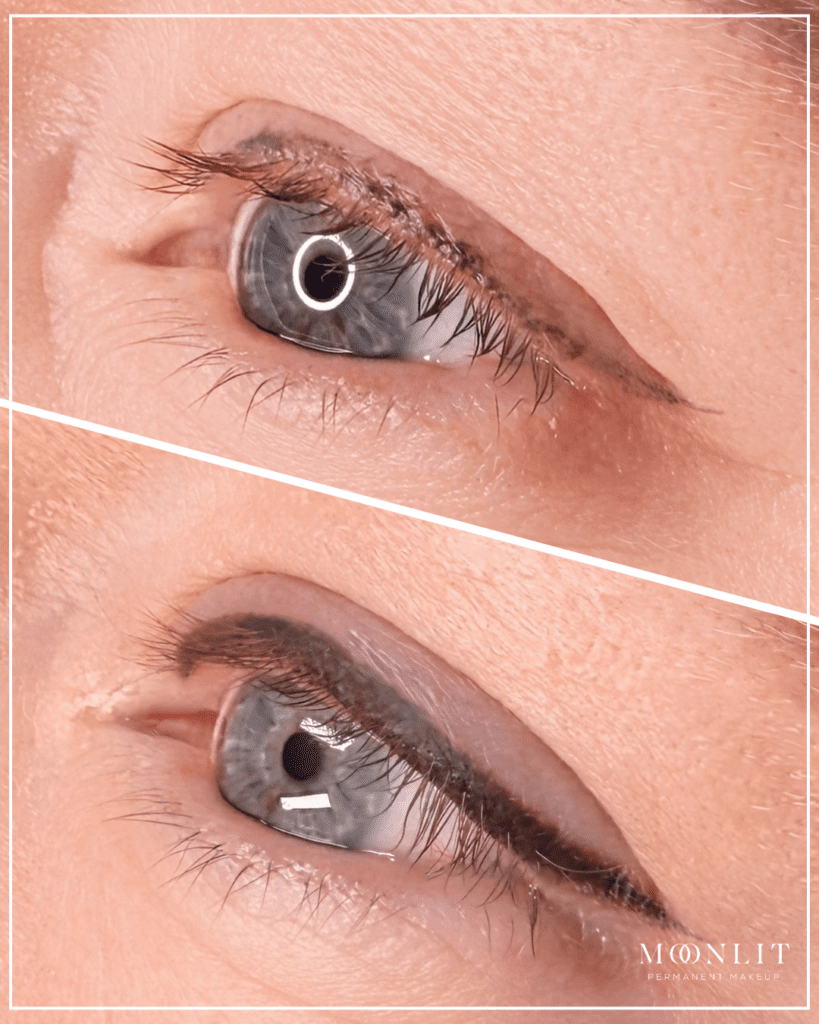 Permanent eyeliner before and after showing healed brown winged eyeliner tattoo enhancing blue eye shape, smooth lash line definition, Salt Lake City Utah PMU artist results