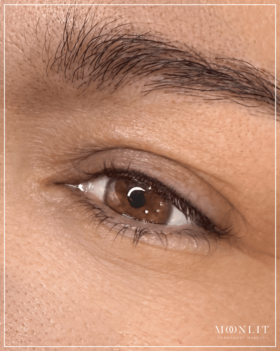 Salt Lake City Utah permanent eyeliner lash line enhancement tattoo, close-up of brown eye with soft natural definition along upper lash line, healed PMU eyeliner result by Salt Lake City PMU artist, subtle pigment placement enhancing lash density, smooth skin texture, natural beauty cosmetic tattoo detail