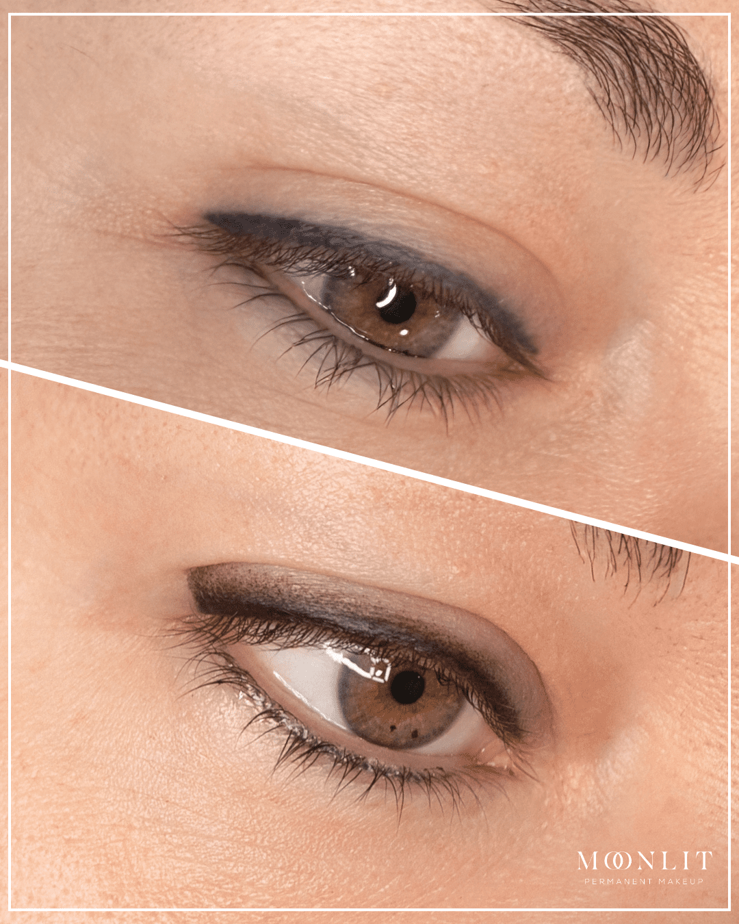 Permanent eyeliner color correction before and after showing faded cool-toned classic liner corrected into soft dusty shaded eyeliner, neutralized blue grey pigment with warmer balanced tones, smooth gradient saturation along upper lash line, enhanced hazel eye with lifted shape and soft definition, healed cosmetic tattoo result by Salt Lake City PMU artist, natural skin texture detail, Salt Lake City Utah