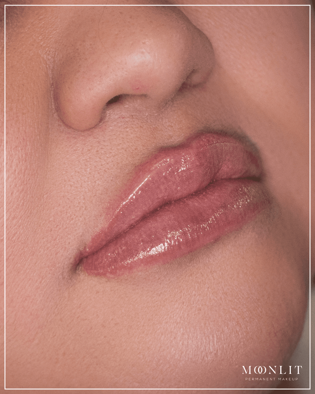 Lip blush for dark lips neutralization, healed glossy lips with softened pigmentation and even tone by Salt Lake City PMU artist, warm pink correction result, Salt Lake City, Utah