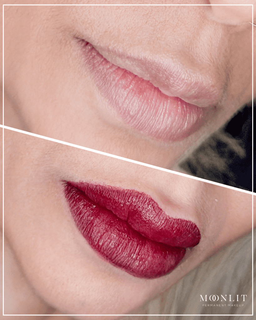 Lip blush before and after transformation with bold red lip color, enhanced shape and saturation, permanent lip color tattoo results by Salt Lake City PMU artist in Salt Lake City Utah